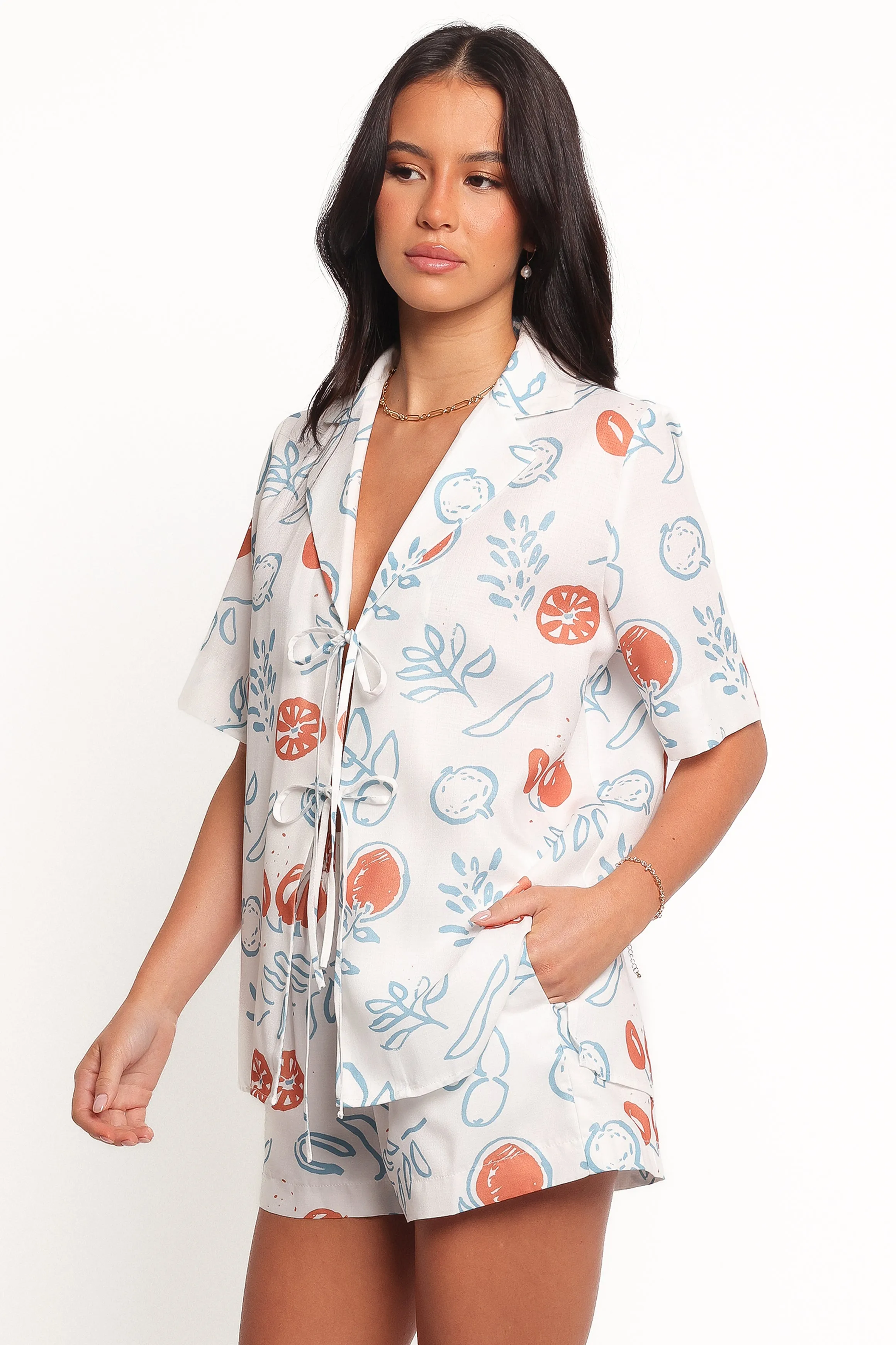 Aaliyah Tie Front Top - Blue Cream
