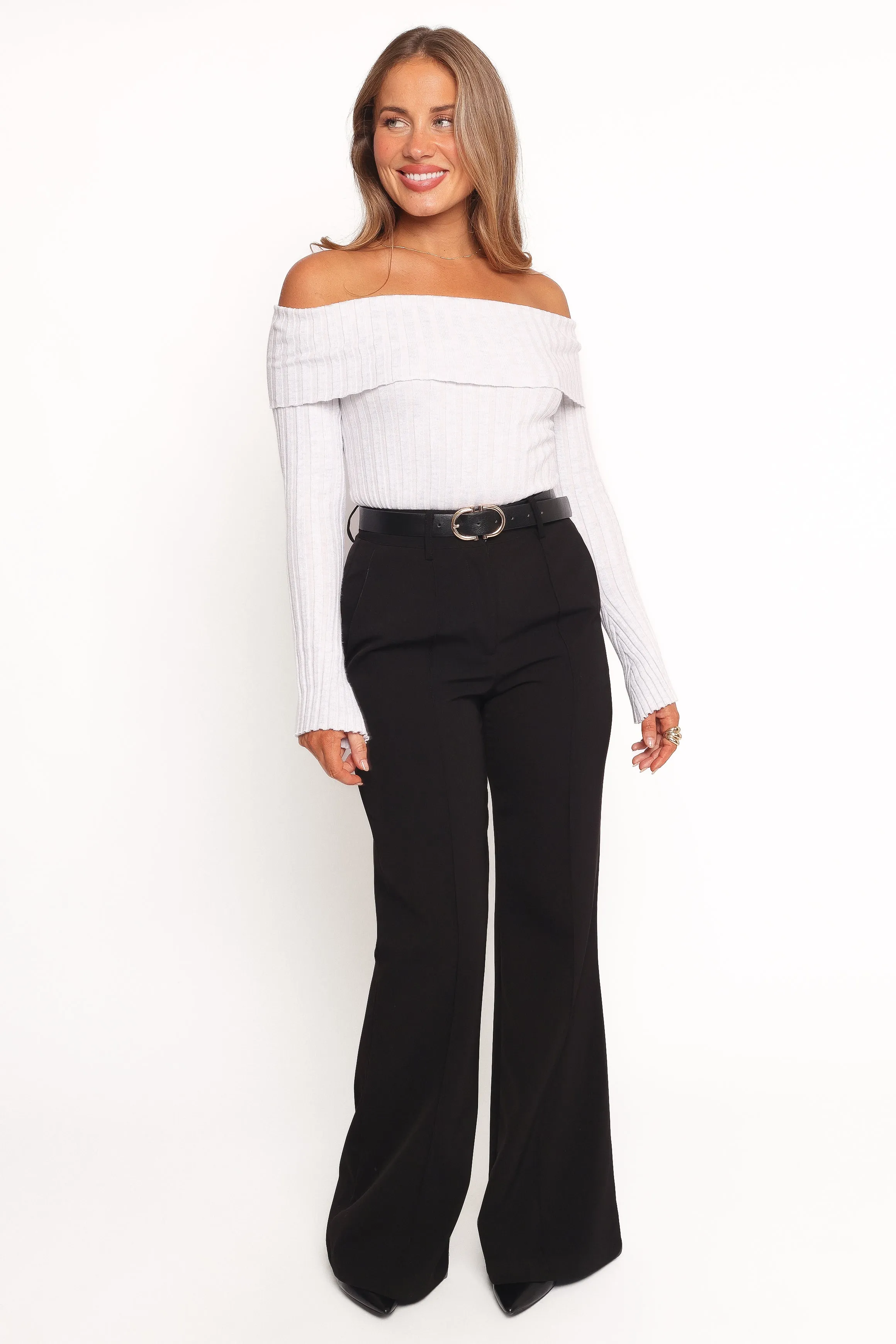 Anderson Wide Rib Off Shoulder Top - Pastel Grey