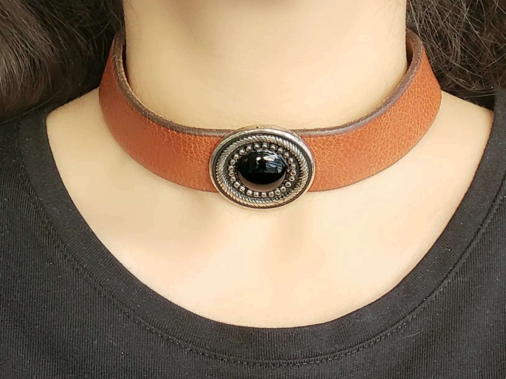 Cognac Leather Choker with Black Charm - Made in Canada