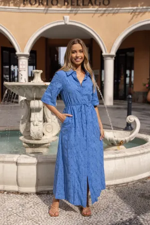 Cooper Embroidered Button Through Midi Dress - Cobalt
