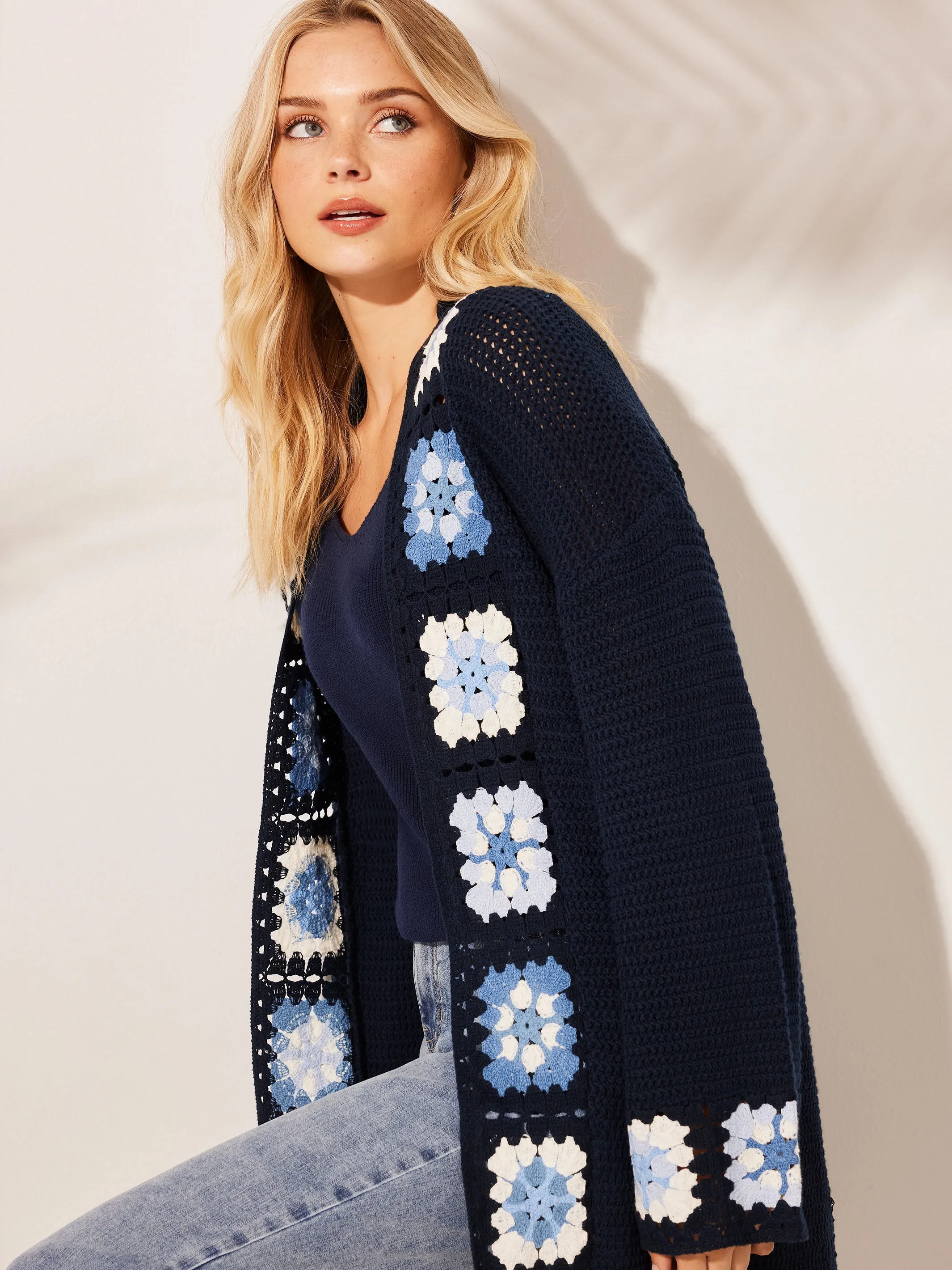 Cotton Crochet Border Cardigan - Navy