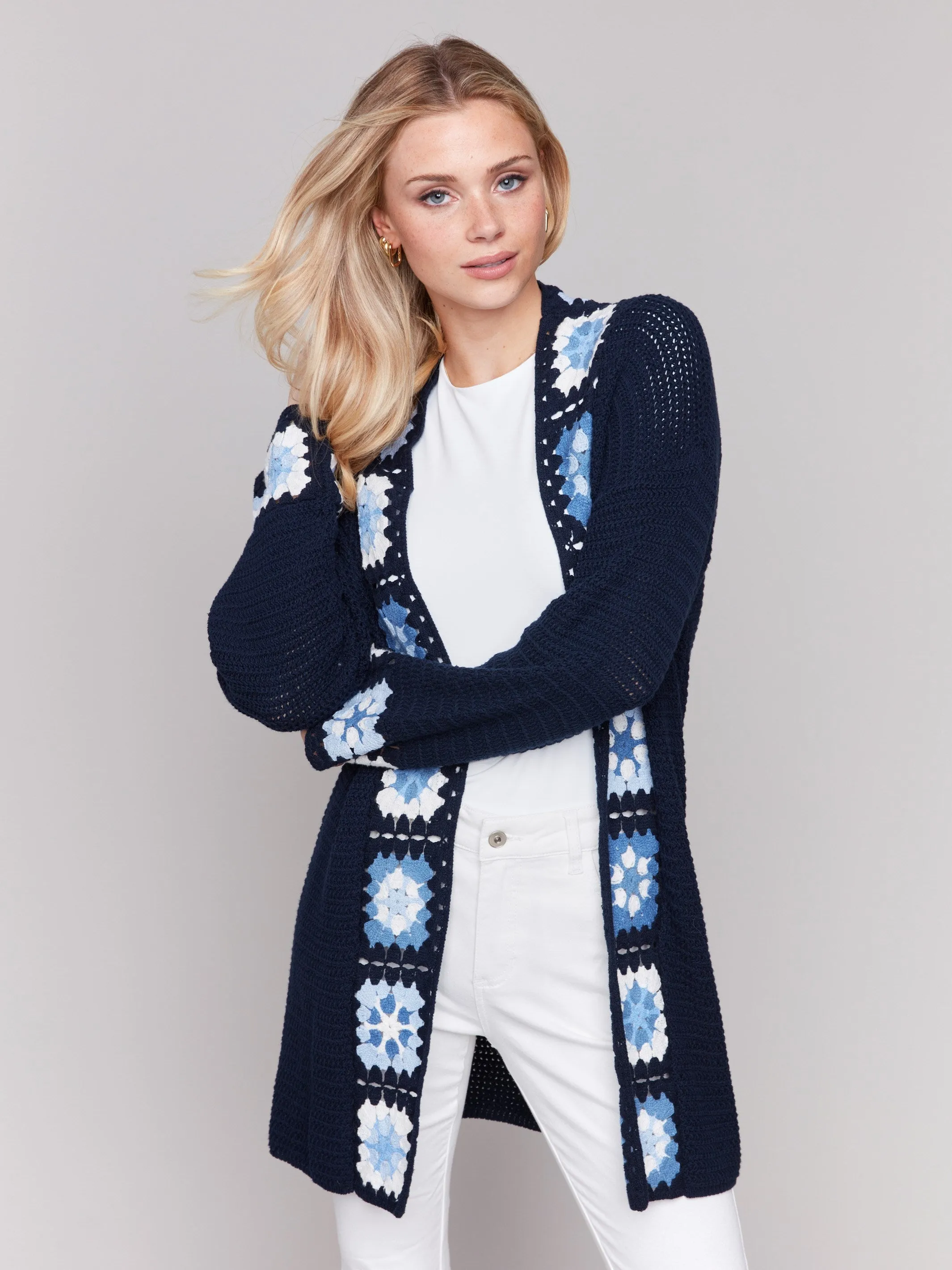 Cotton Crochet Border Cardigan - Navy