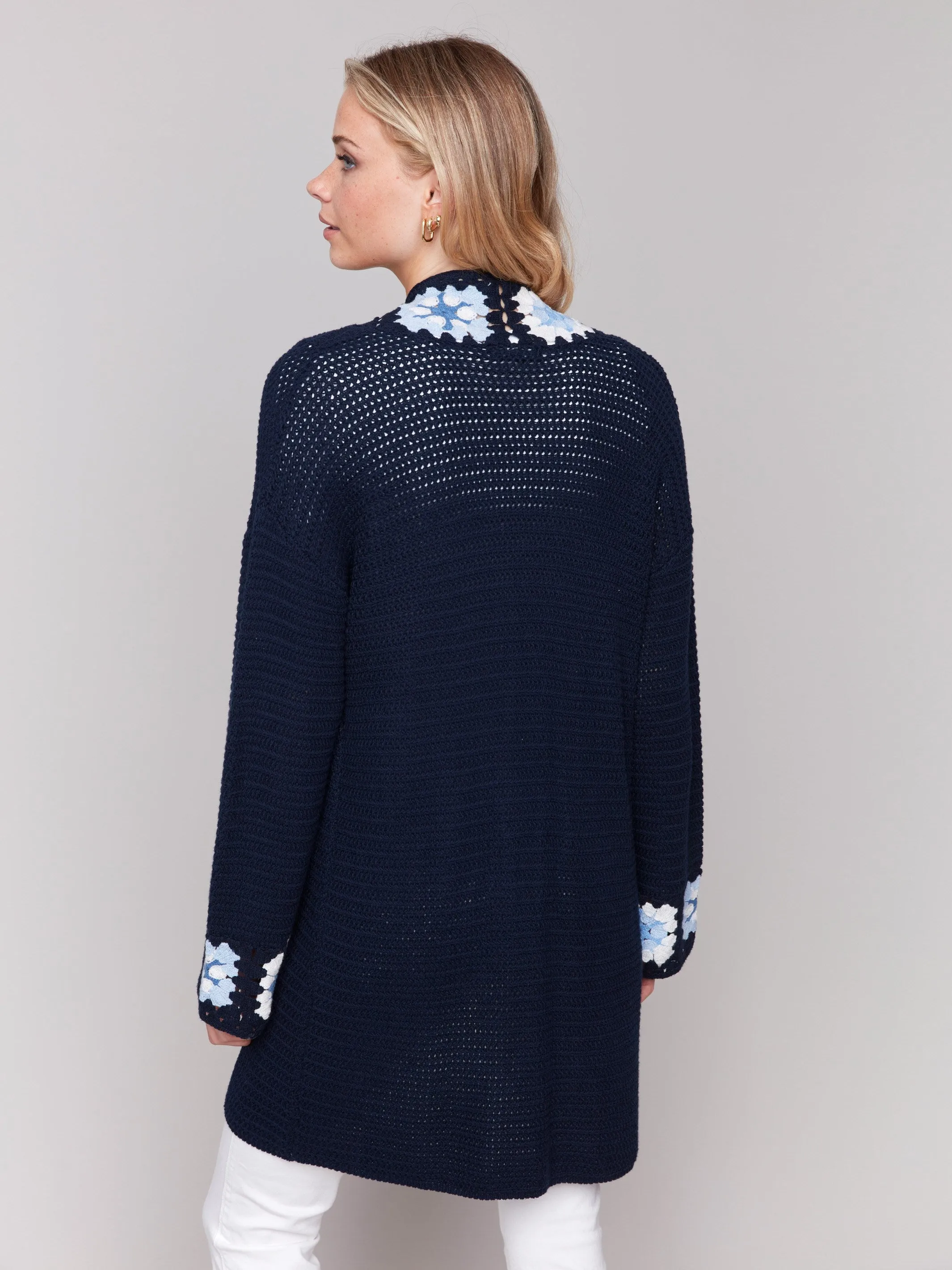 Cotton Crochet Border Cardigan - Navy
