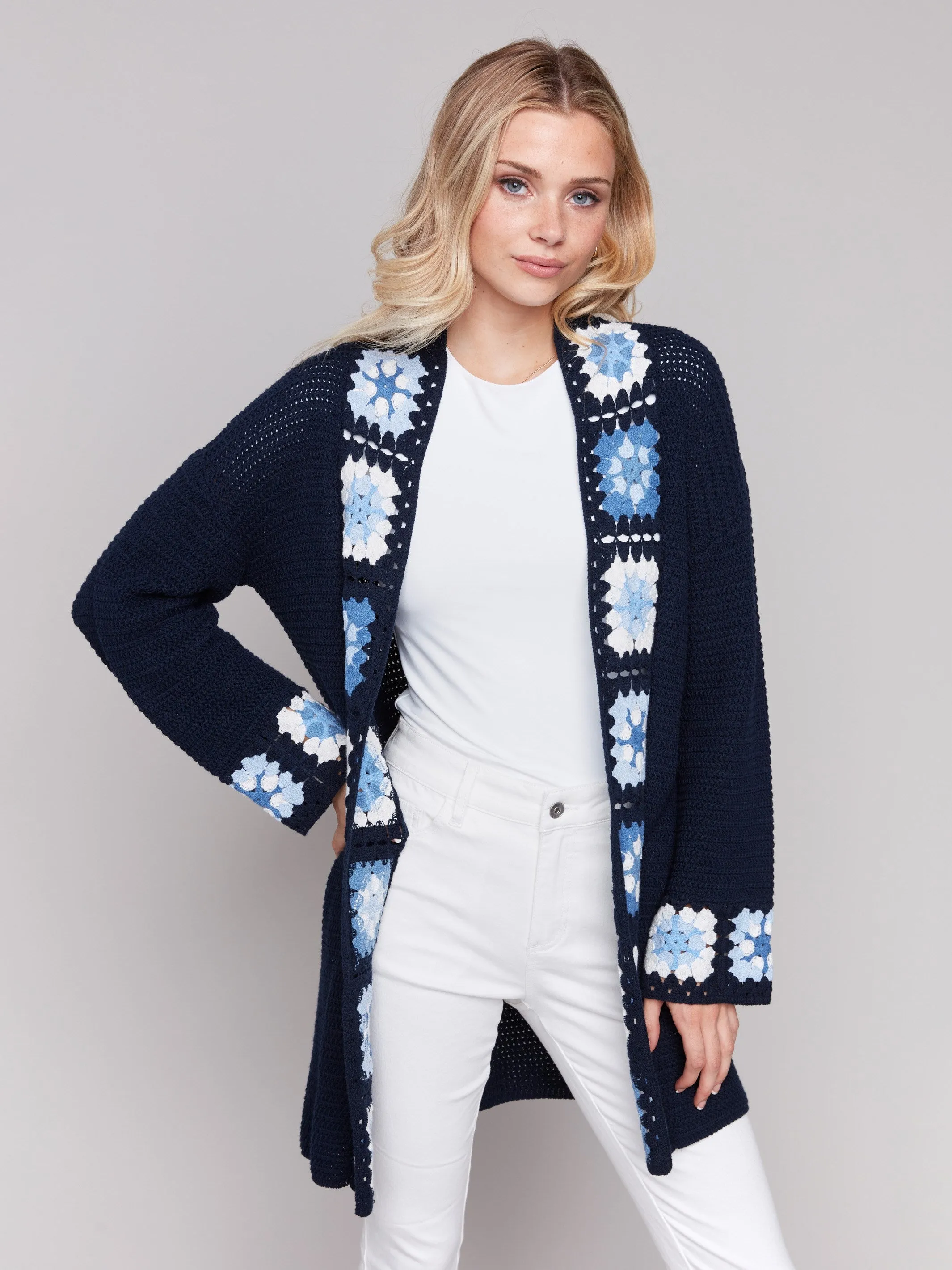 Cotton Crochet Border Cardigan - Navy
