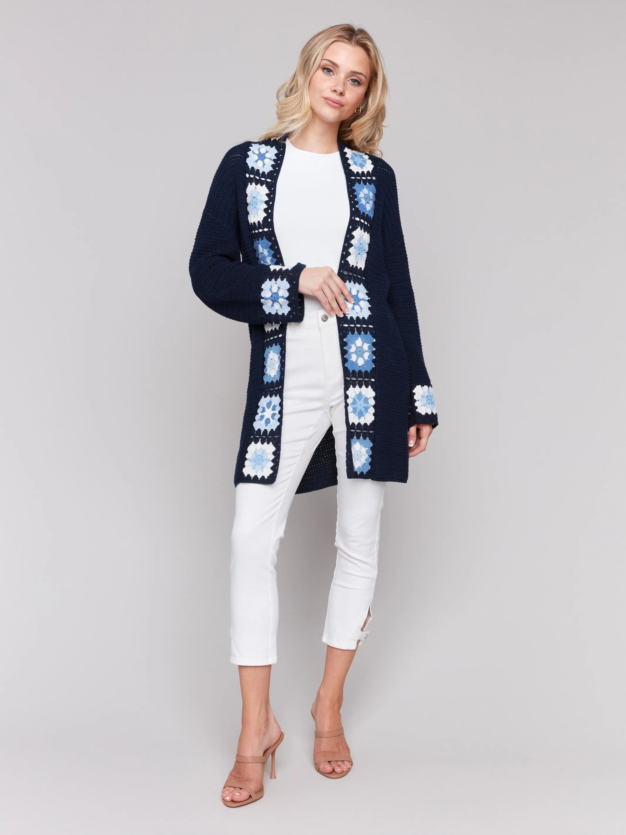 Cotton Crochet Border Cardigan - Navy
