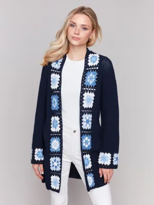 Cotton Crochet Border Cardigan - Navy