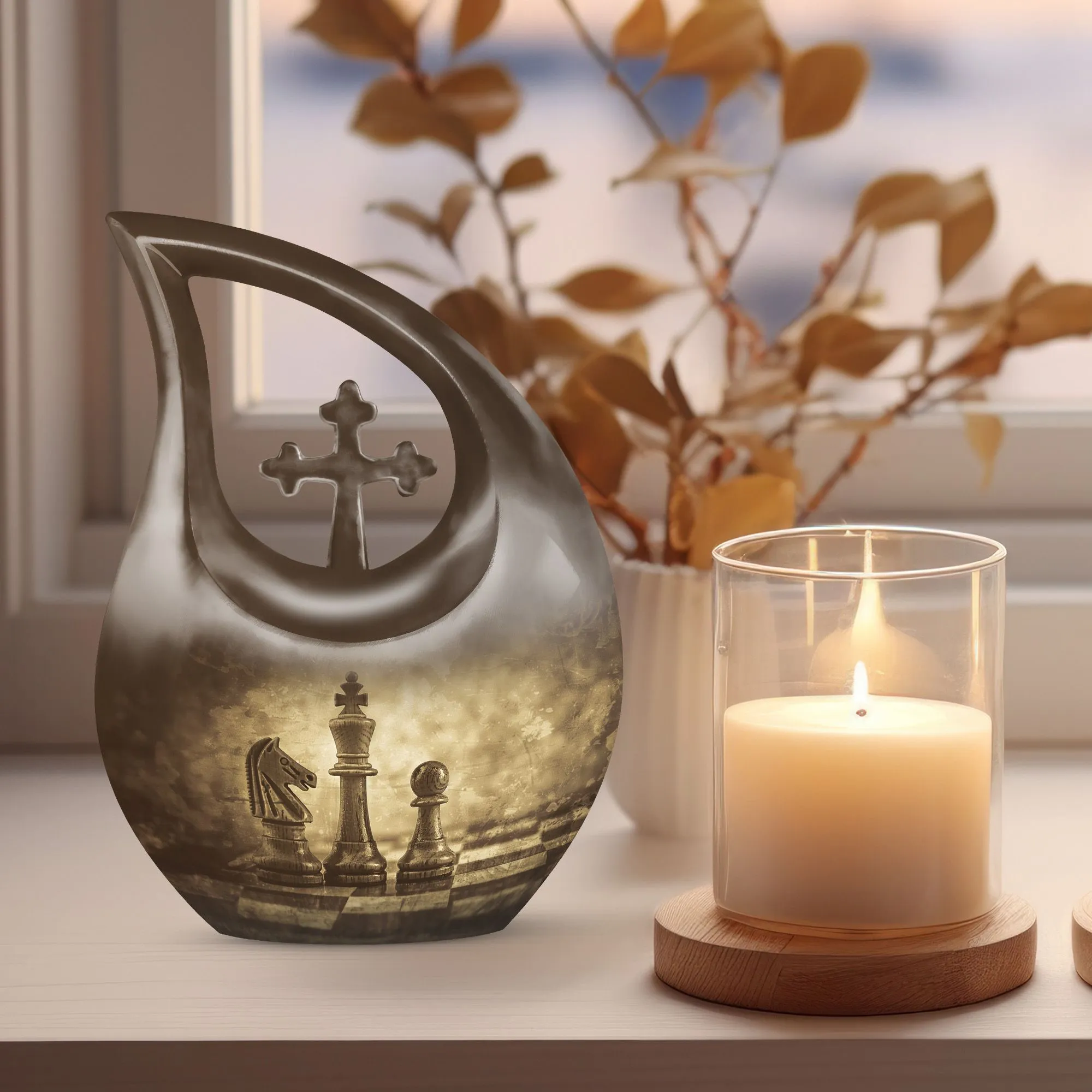Cross Drop Chess Cremation Urn, Full-Size Memorial Urn
