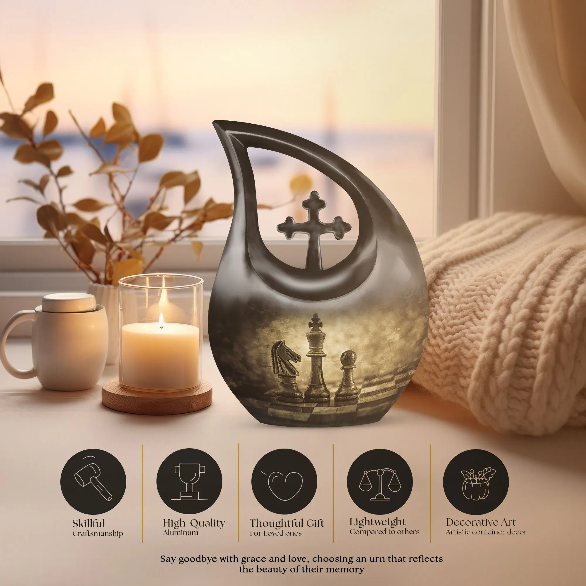 Cross Drop Chess Cremation Urn, Full-Size Memorial Urn