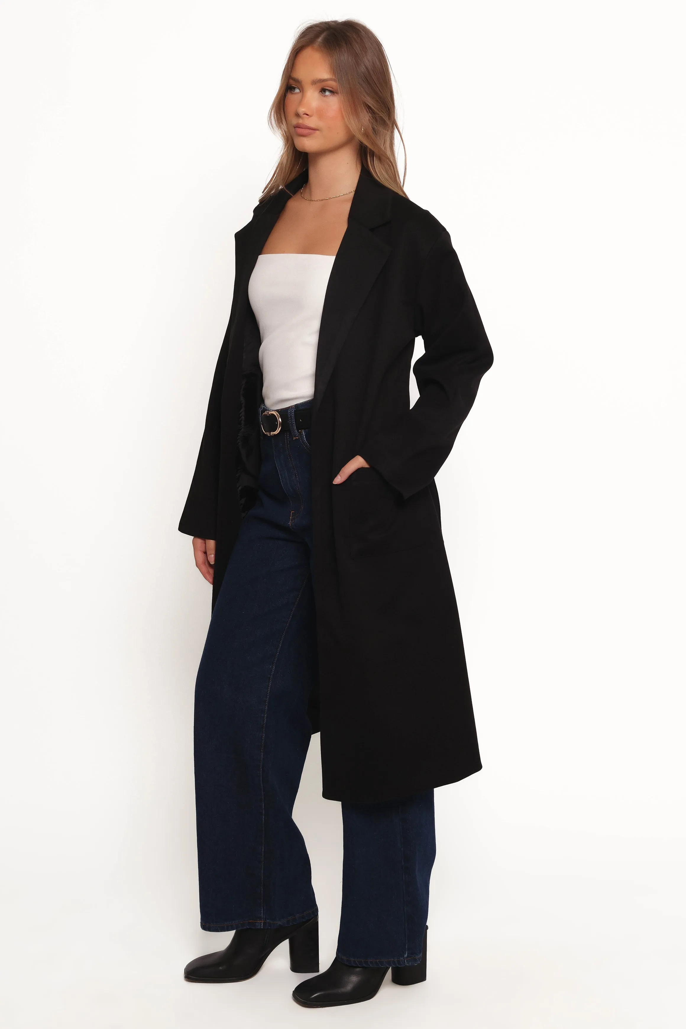 Kloss Tie Front Long Coat - Black