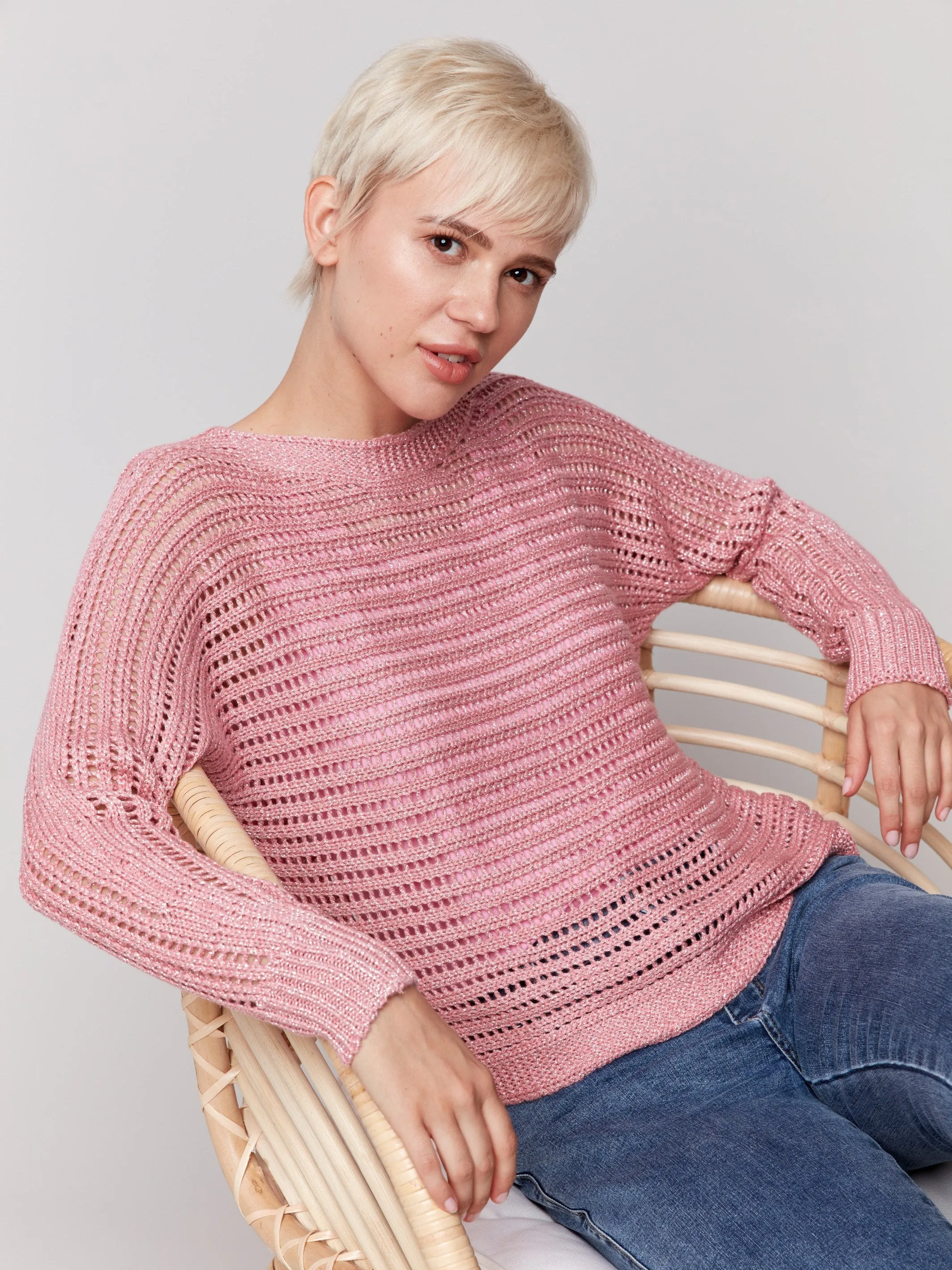 Metallic Fishnet Dolman Sweater - Guava