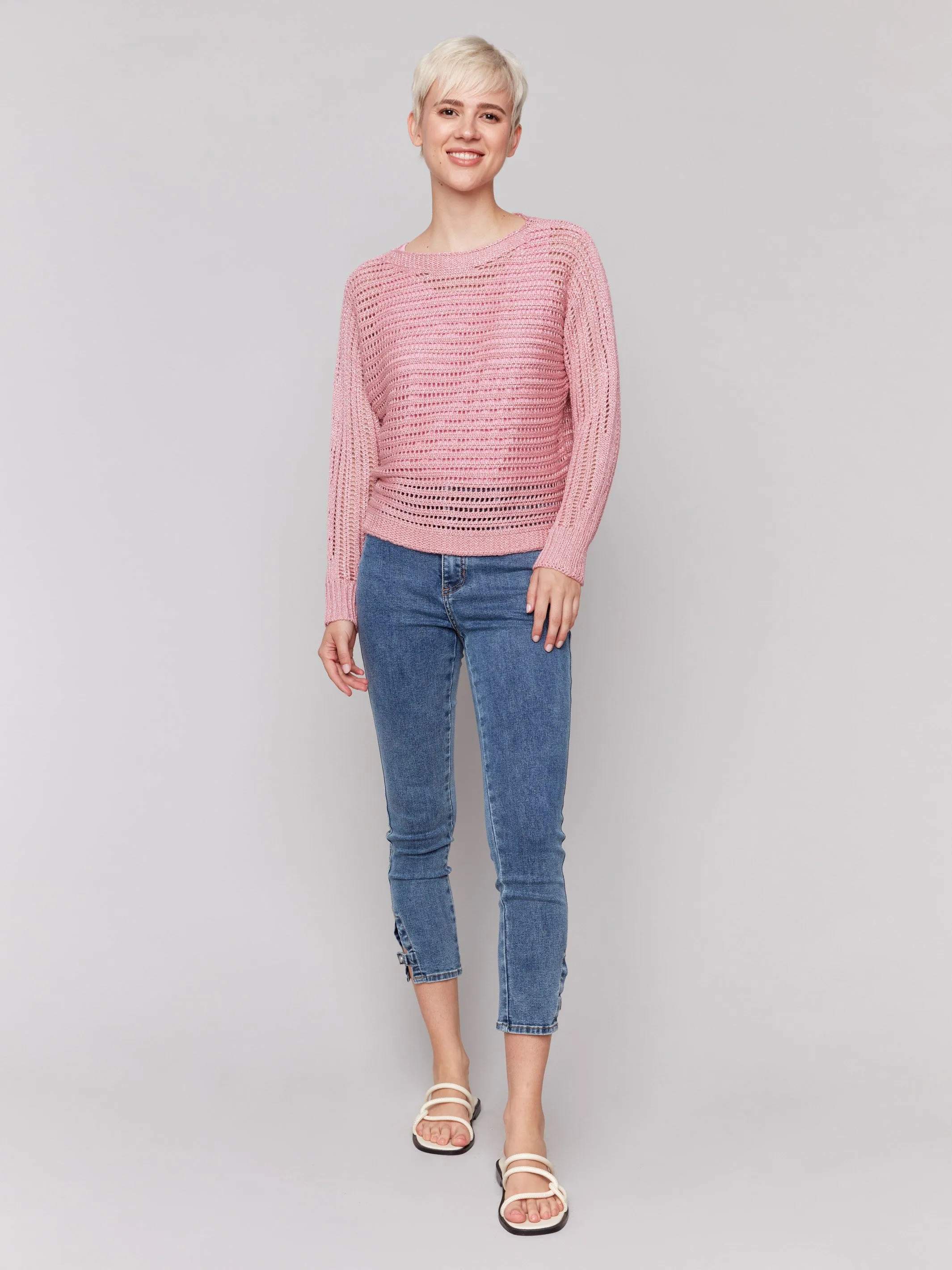 Metallic Fishnet Dolman Sweater - Guava
