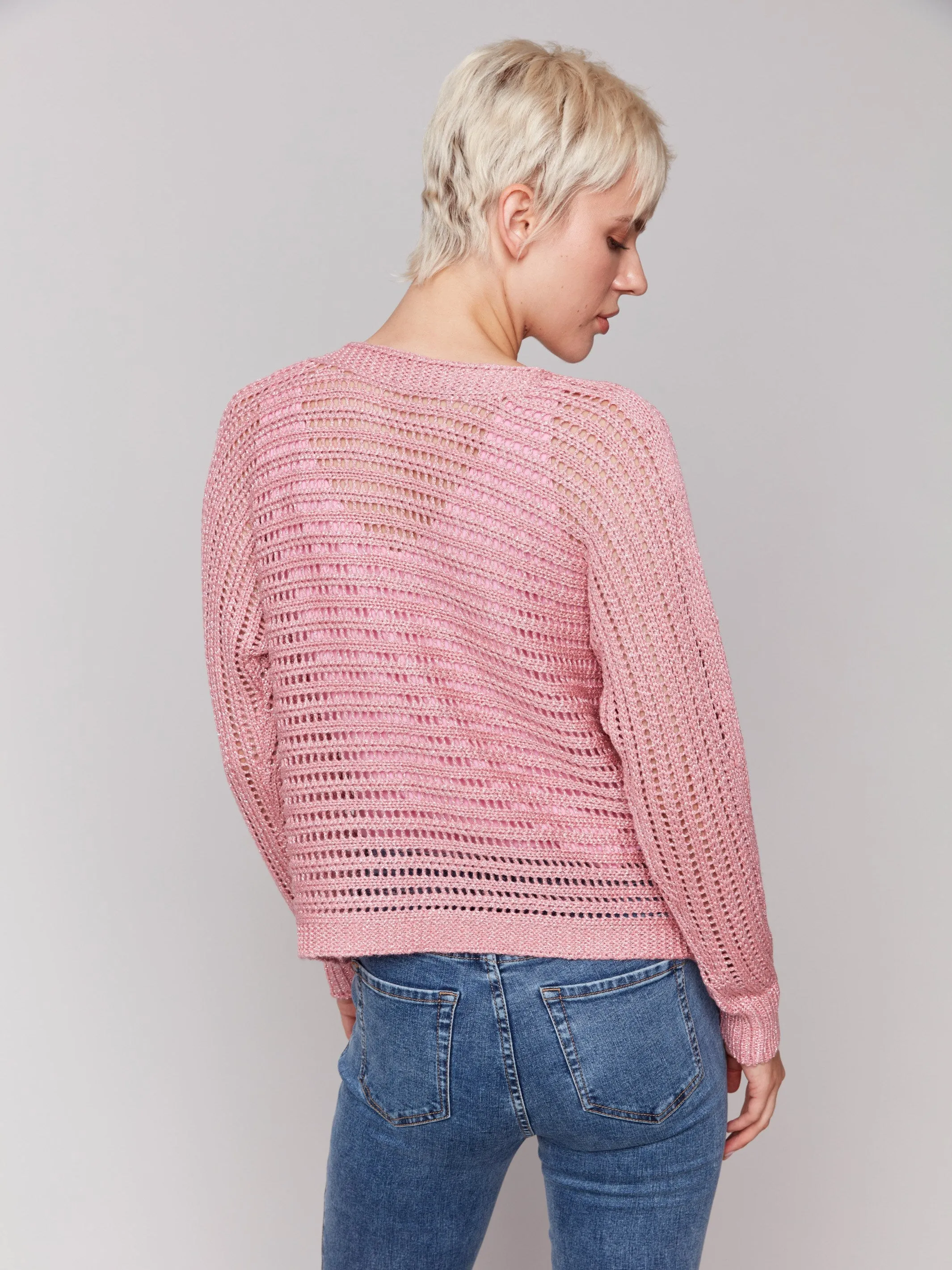 Metallic Fishnet Dolman Sweater - Guava
