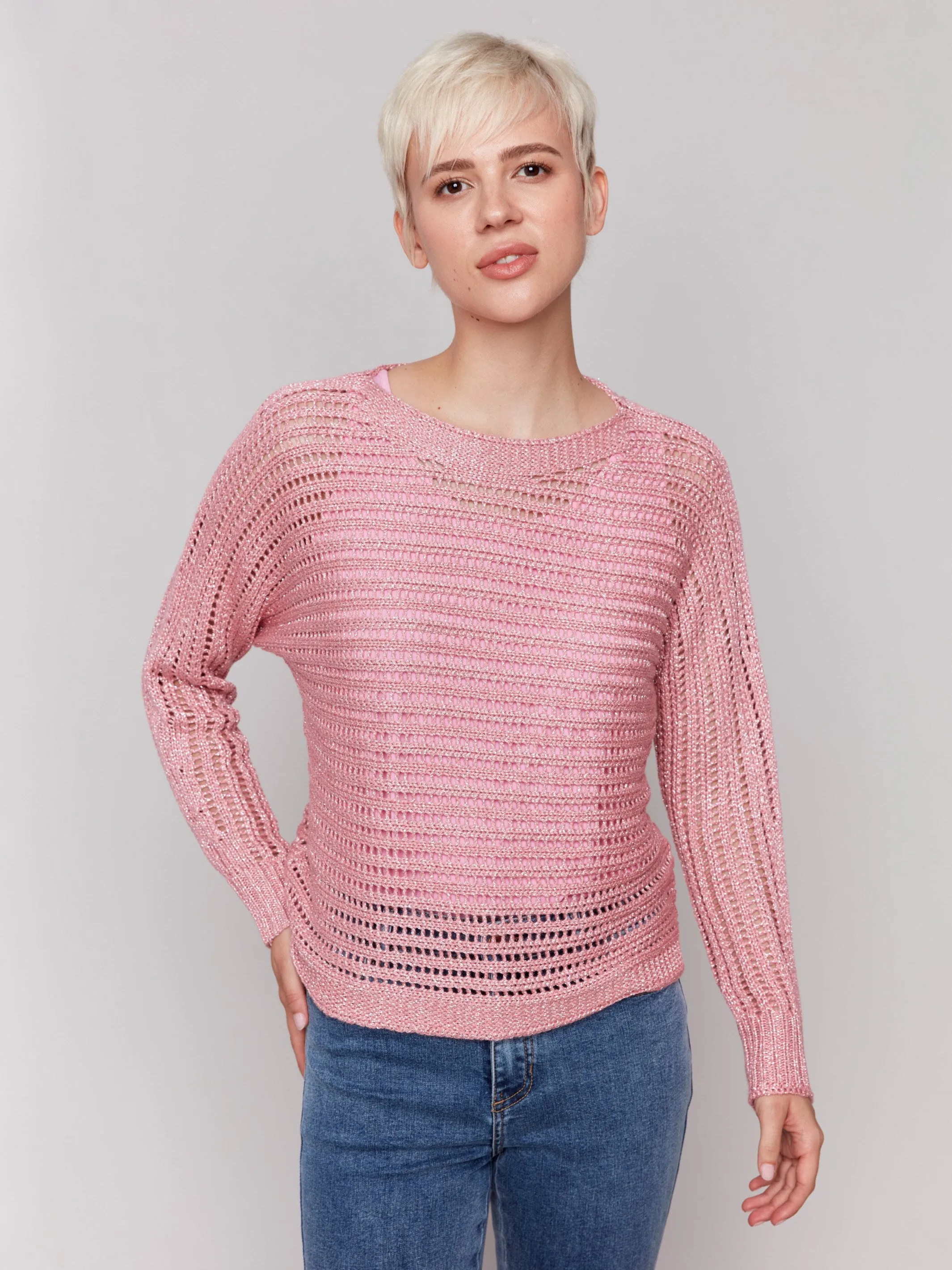 Metallic Fishnet Dolman Sweater - Guava