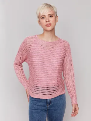 Metallic Fishnet Dolman Sweater - Guava