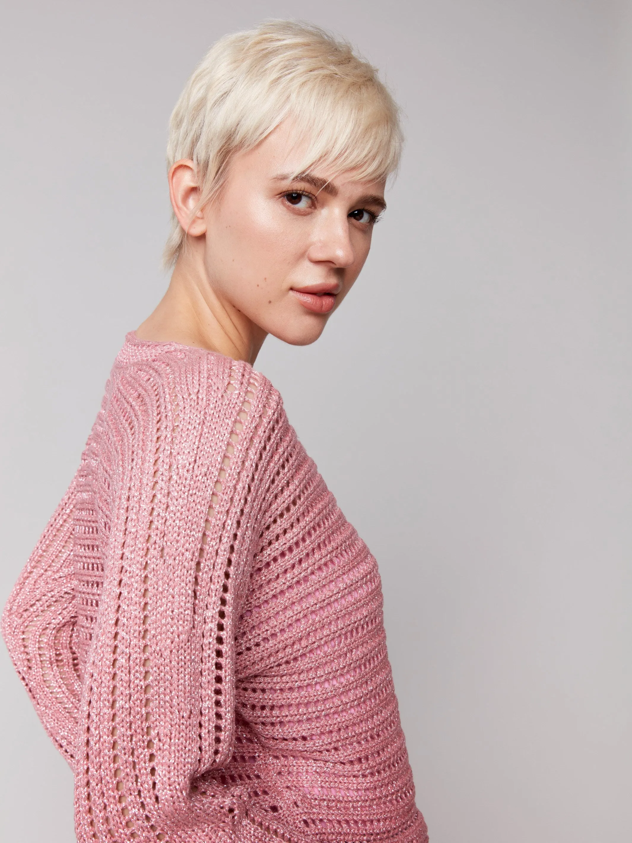 Metallic Fishnet Dolman Sweater - Guava