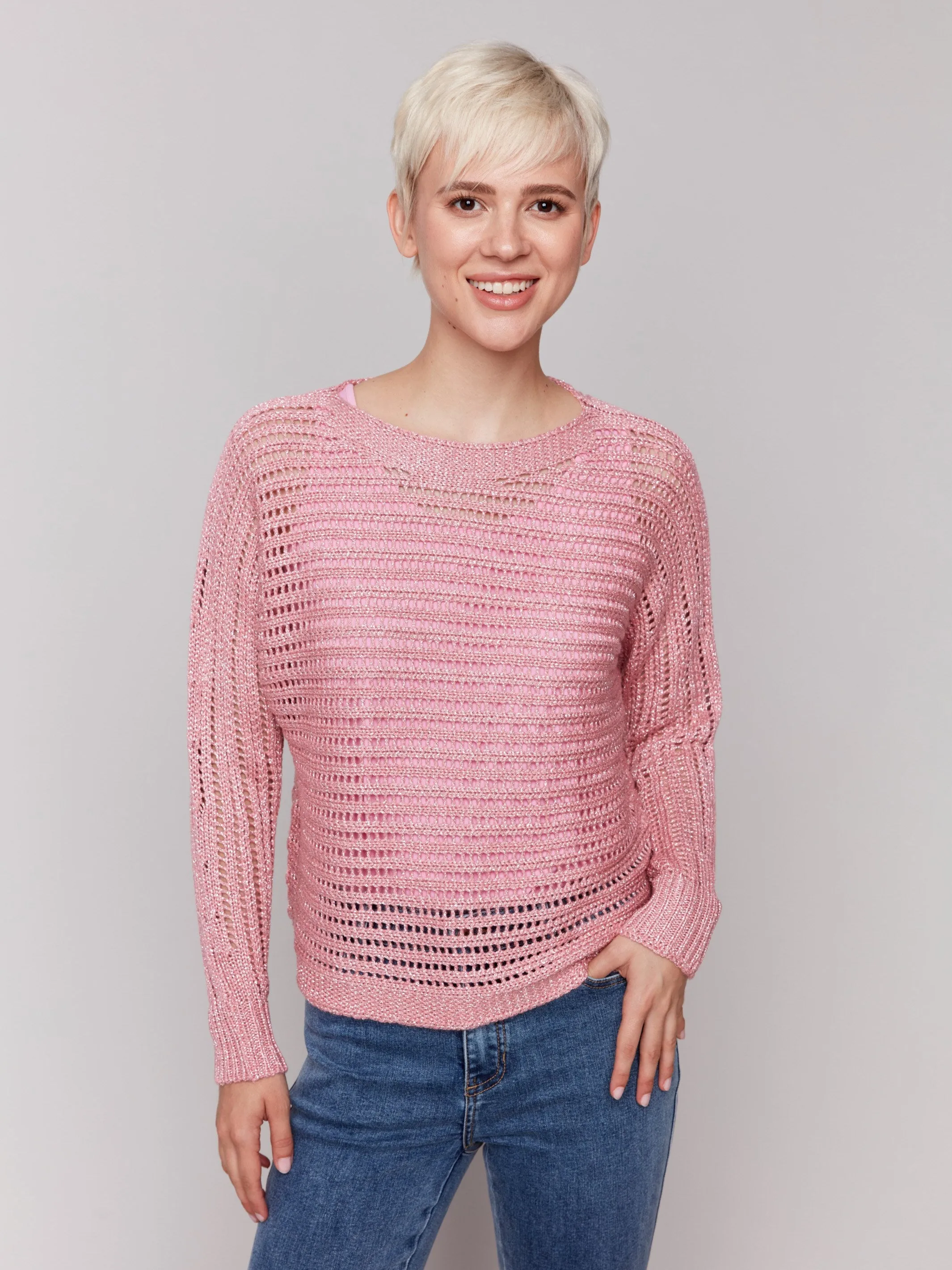 Metallic Fishnet Dolman Sweater - Guava