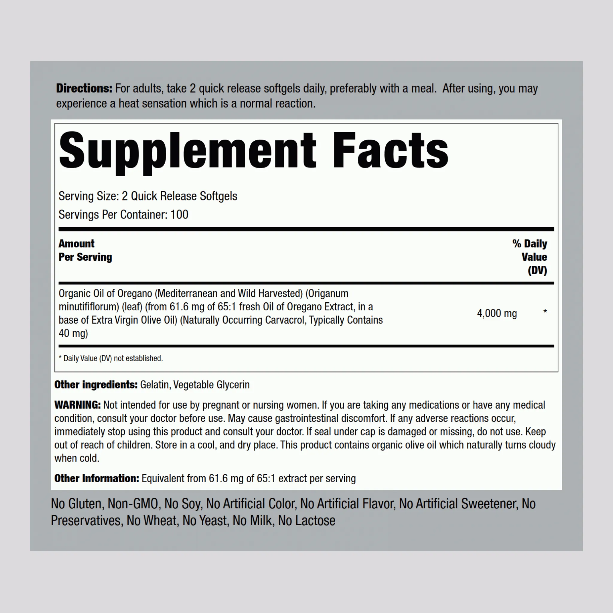 Oil of Oregano, 4000 mg (per serving), 200 Quick Release Softgels