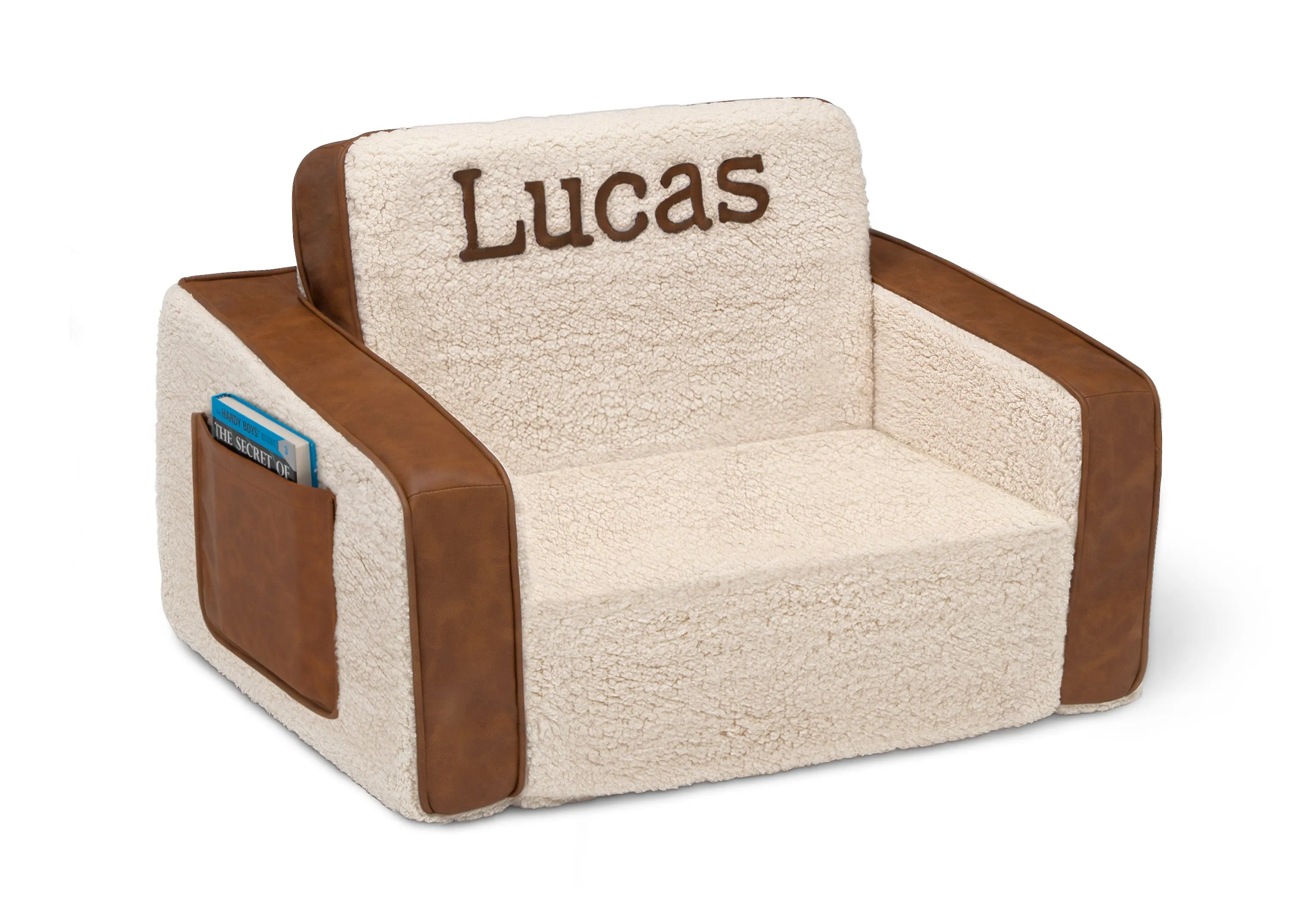 Personalized Cozee Flip-Out Sherpa and Faux Leather 2-in-1 Convertible Chair to Lounger for Kids