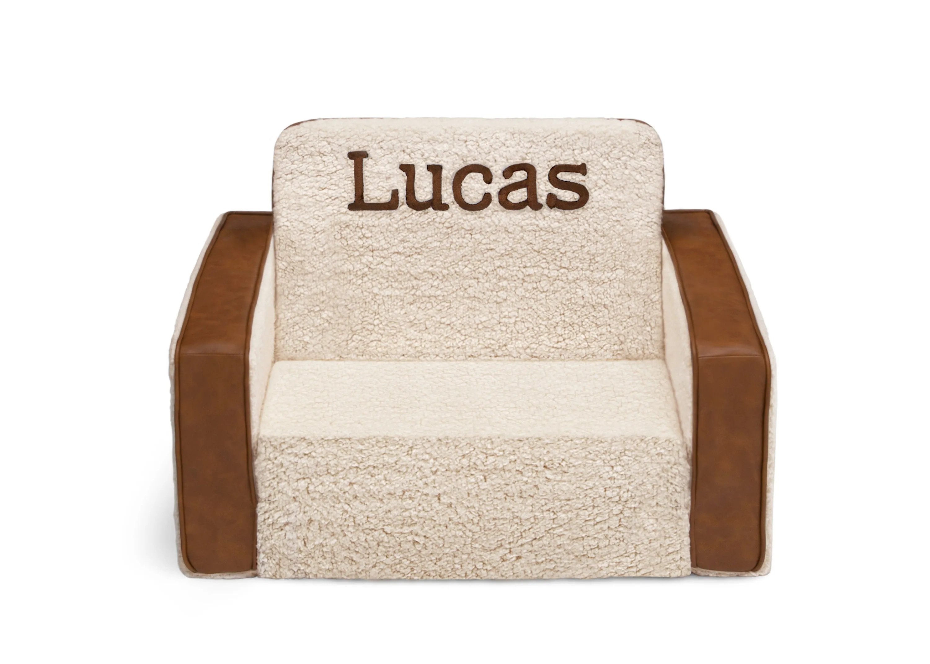 Personalized Cozee Flip-Out Sherpa and Faux Leather 2-in-1 Convertible Chair to Lounger for Kids