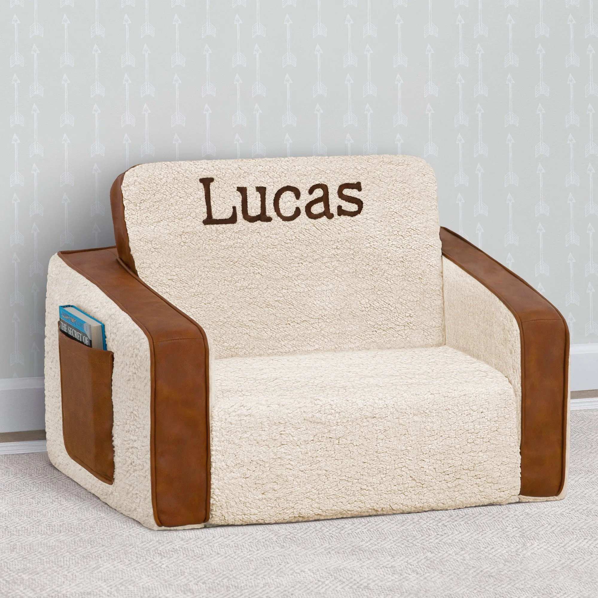 Personalized Cozee Flip-Out Sherpa and Faux Leather 2-in-1 Convertible Chair to Lounger for Kids