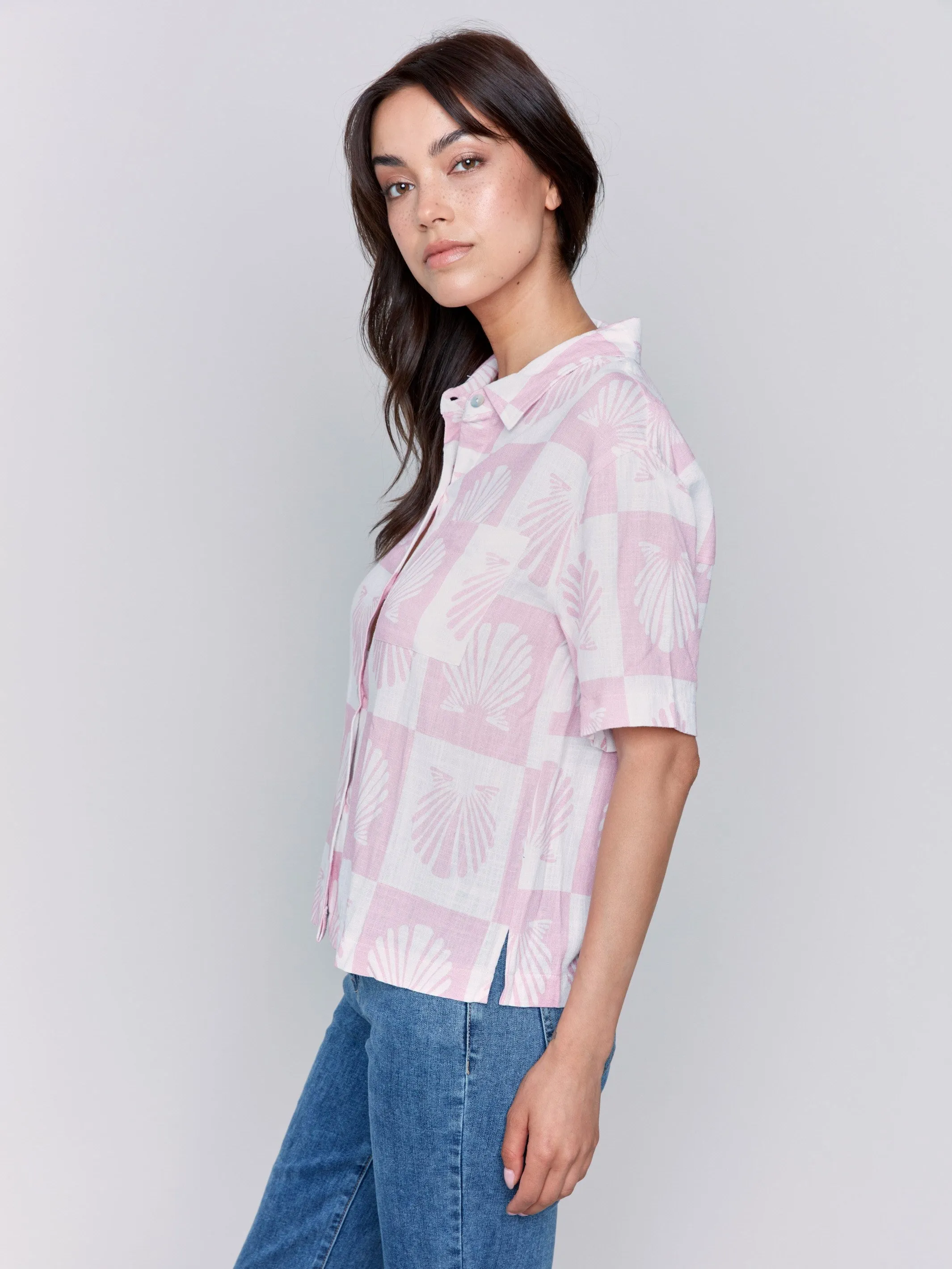 Short-Sleeve Printed Linen-Blend Blouse - Shell