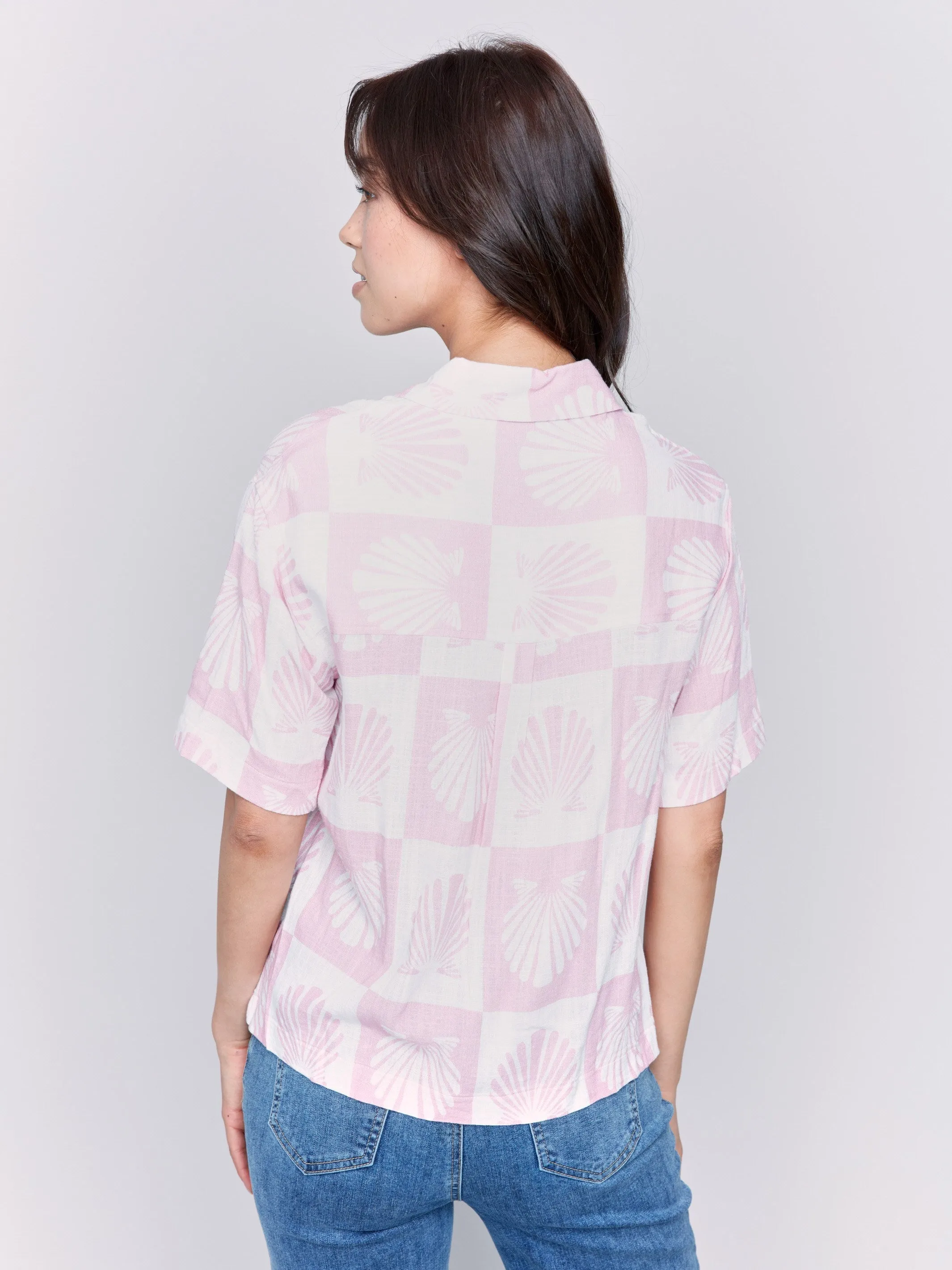 Short-Sleeve Printed Linen-Blend Blouse - Shell