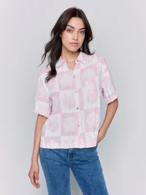 Short-Sleeve Printed Linen-Blend Blouse - Shell