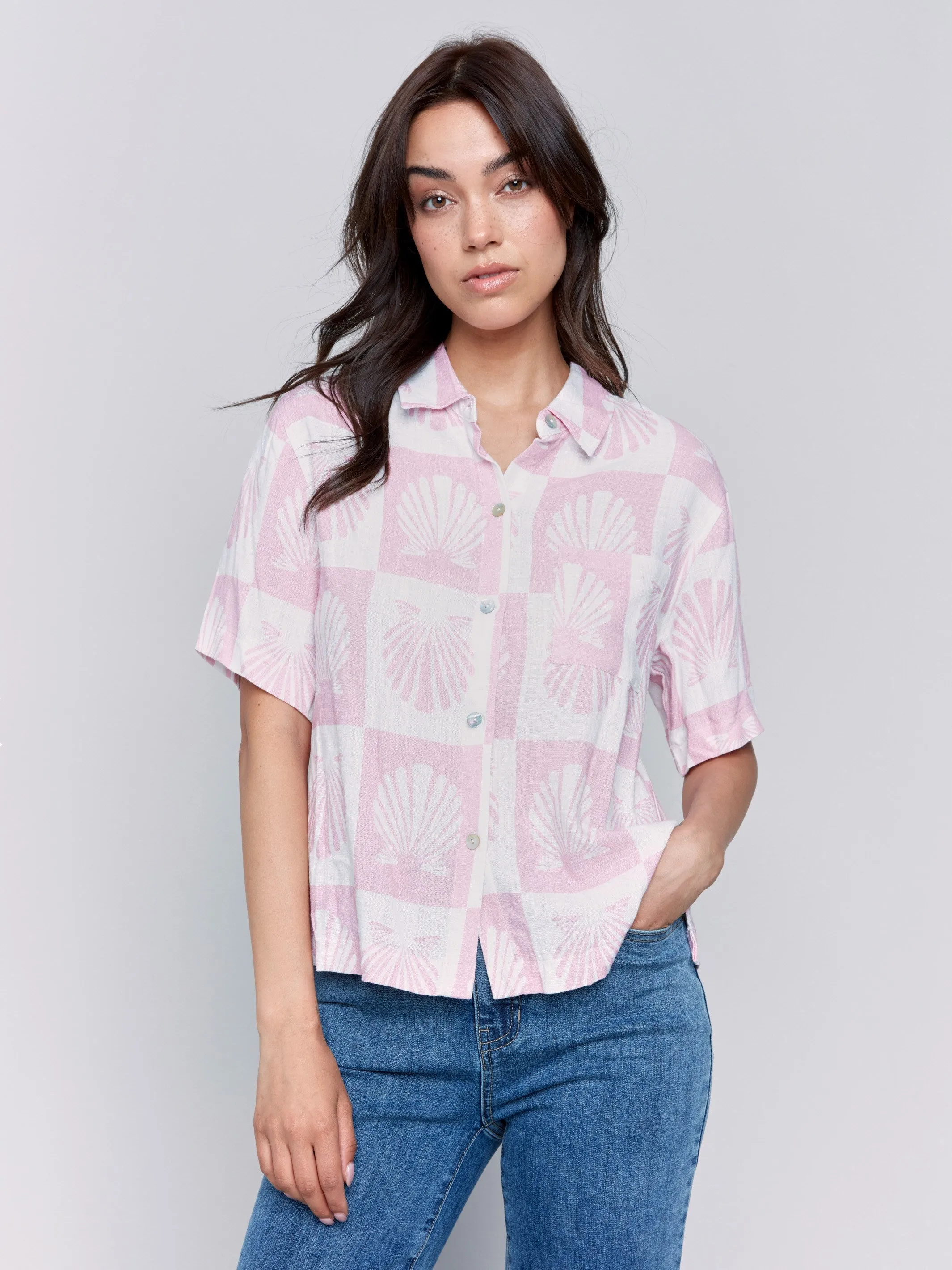 Short-Sleeve Printed Linen-Blend Blouse - Shell
