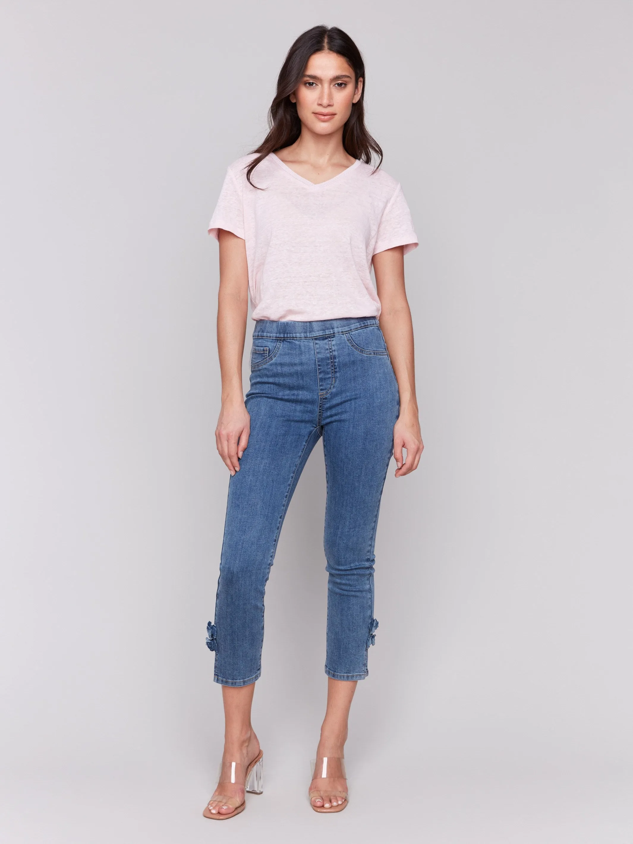 Slim Fit Cropped Jeans with Side Flowers - Medium Blue