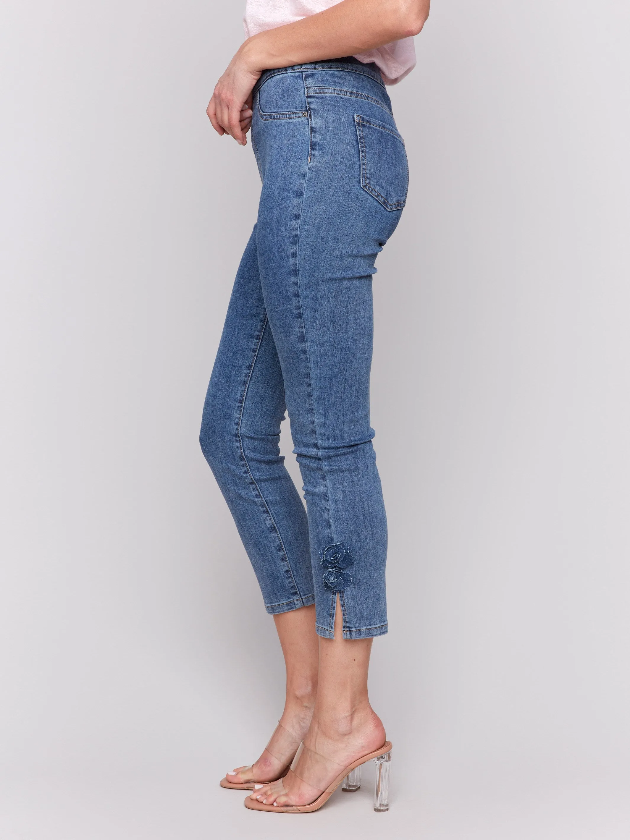 Slim Fit Cropped Jeans with Side Flowers - Medium Blue