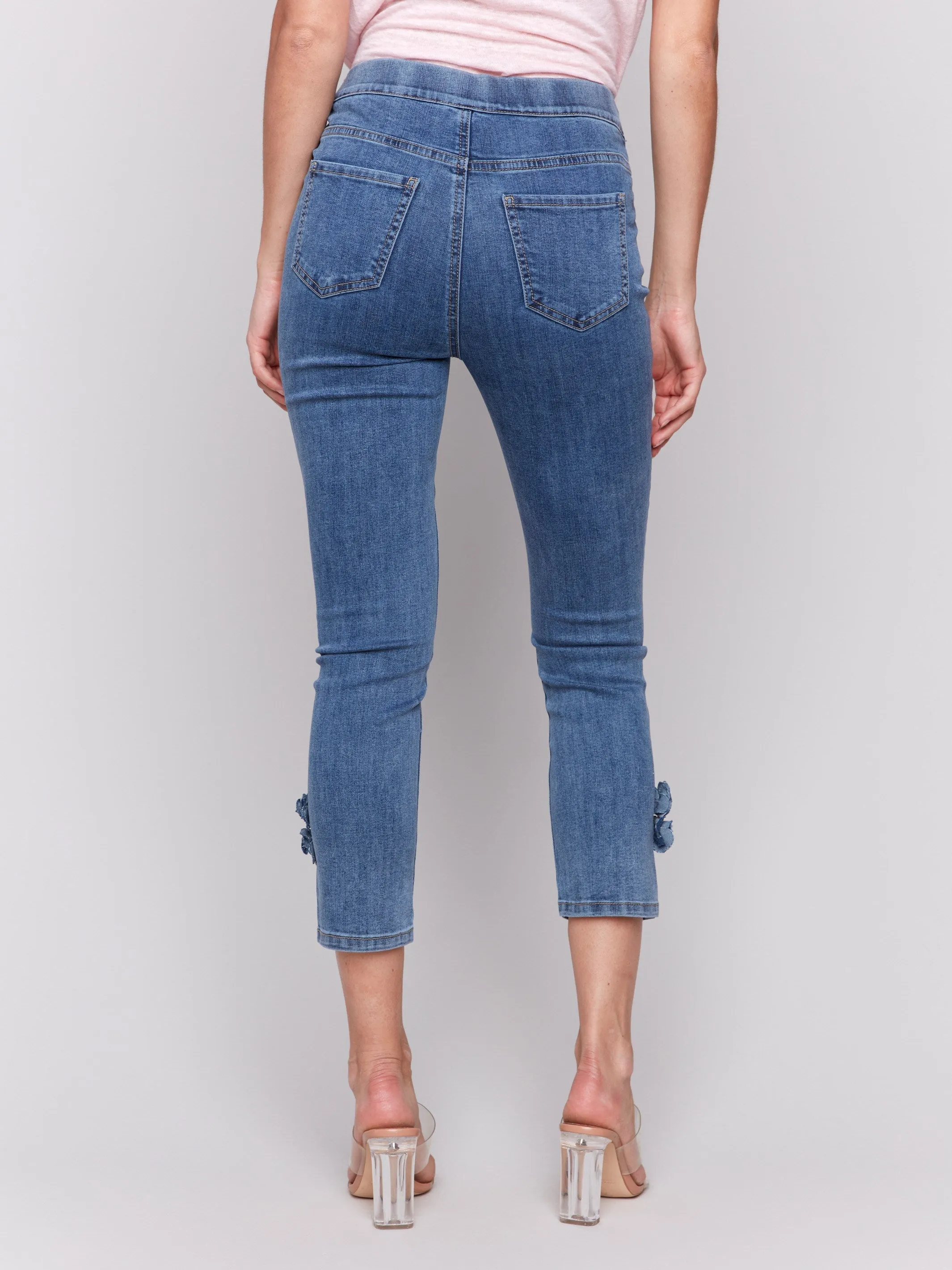 Slim Fit Cropped Jeans with Side Flowers - Medium Blue