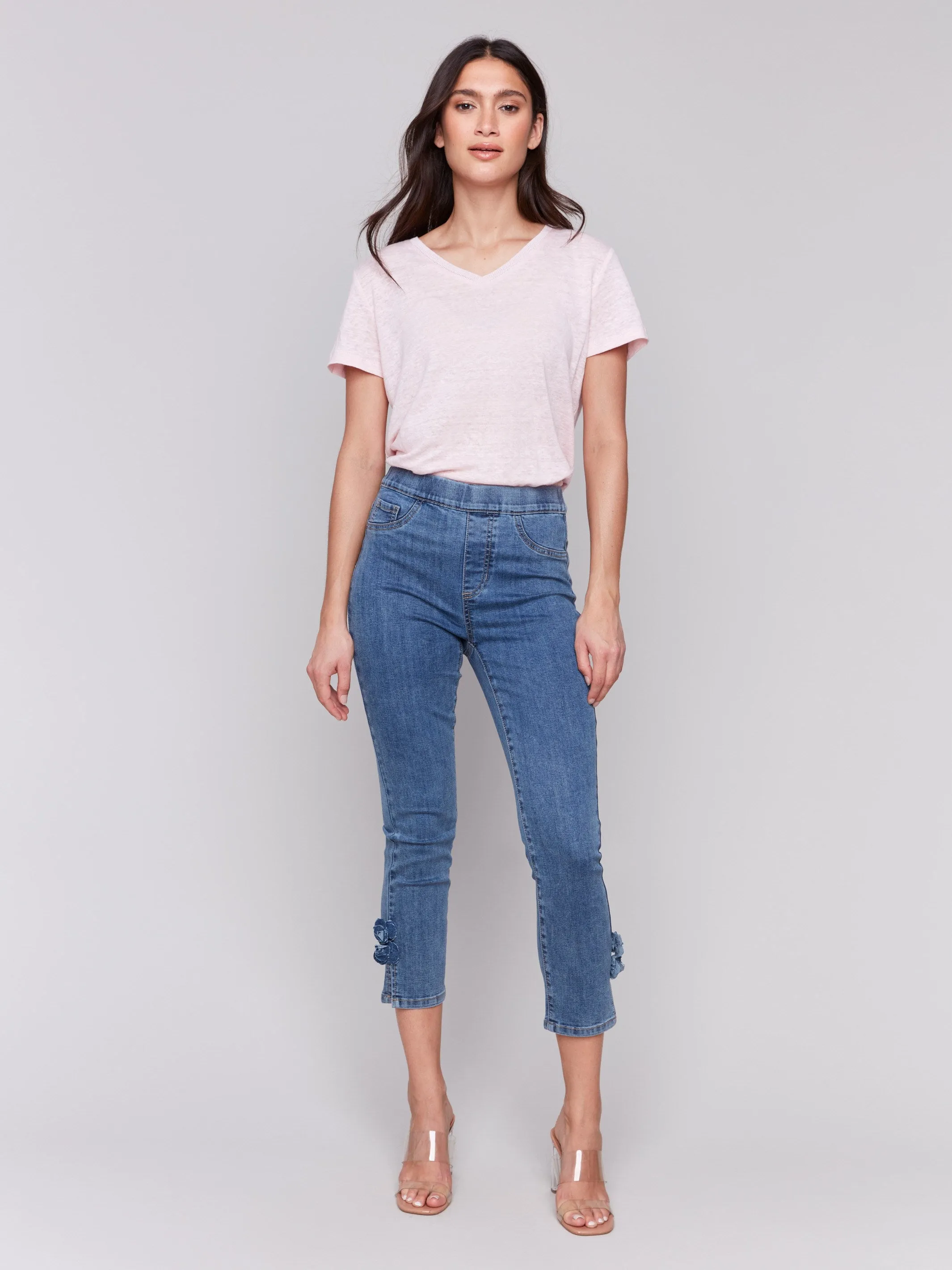 Slim Fit Cropped Jeans with Side Flowers - Medium Blue