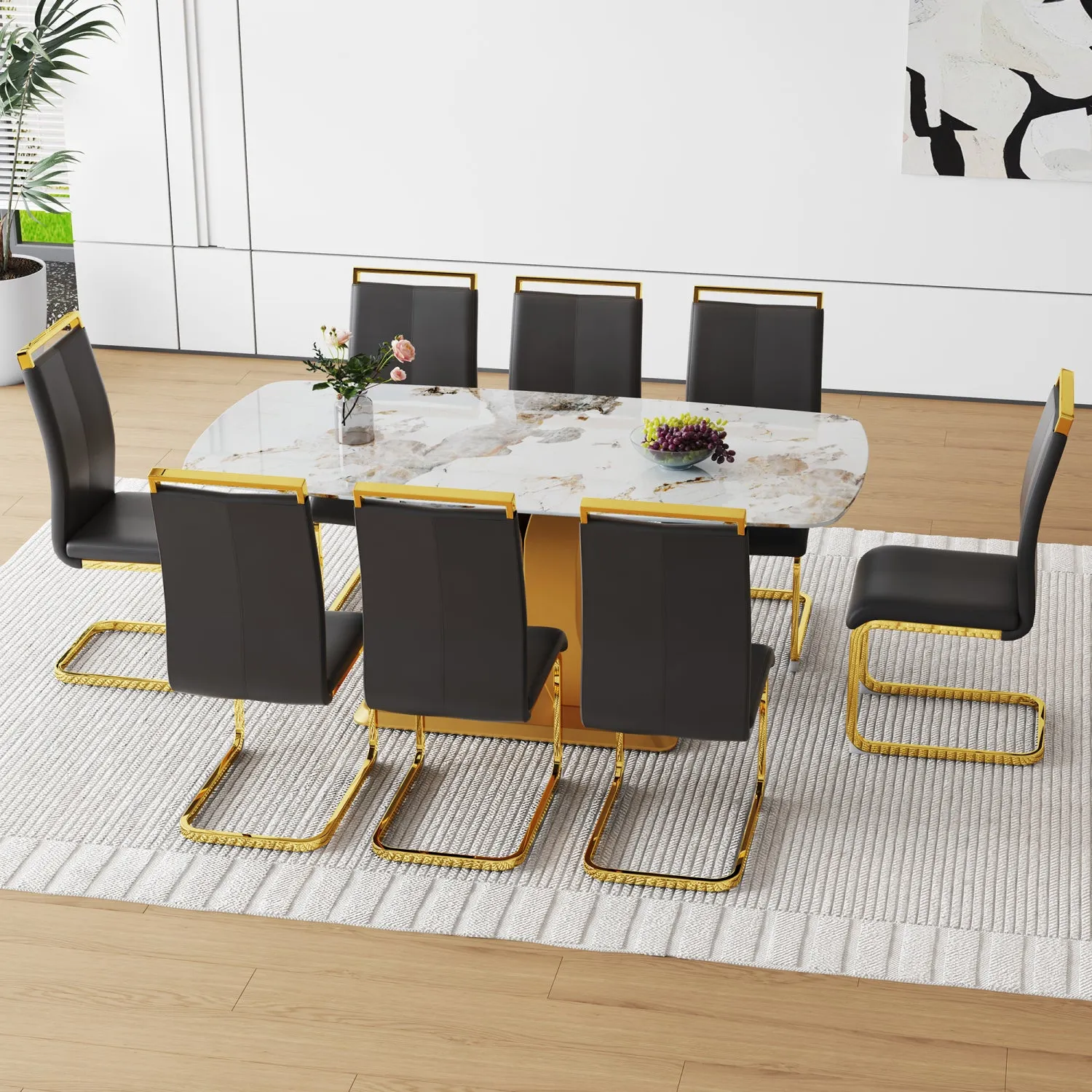 Streamdale 71" Pandora Glass Dining Set w/ 8 Black PU Chairs