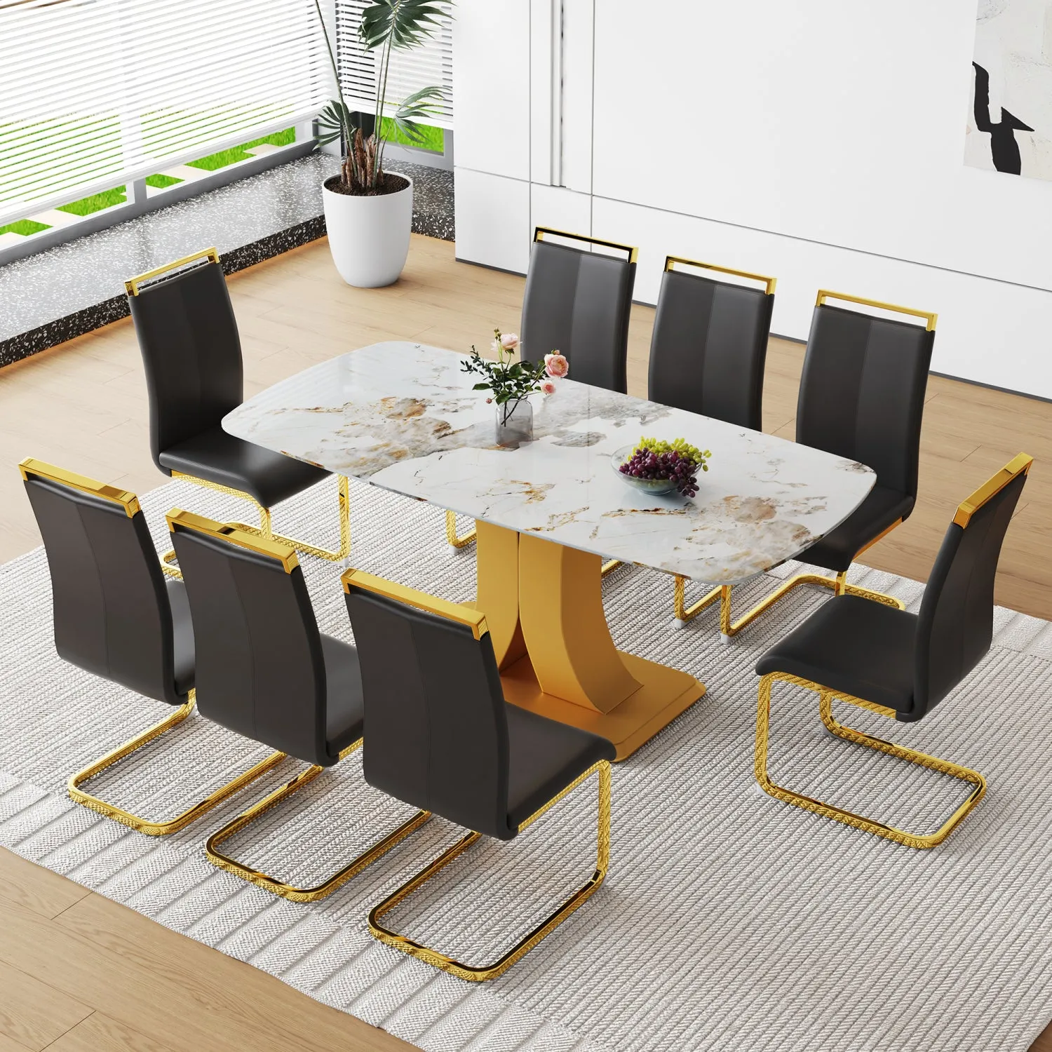 Streamdale 71" Pandora Glass Dining Set w/ 8 Black PU Chairs