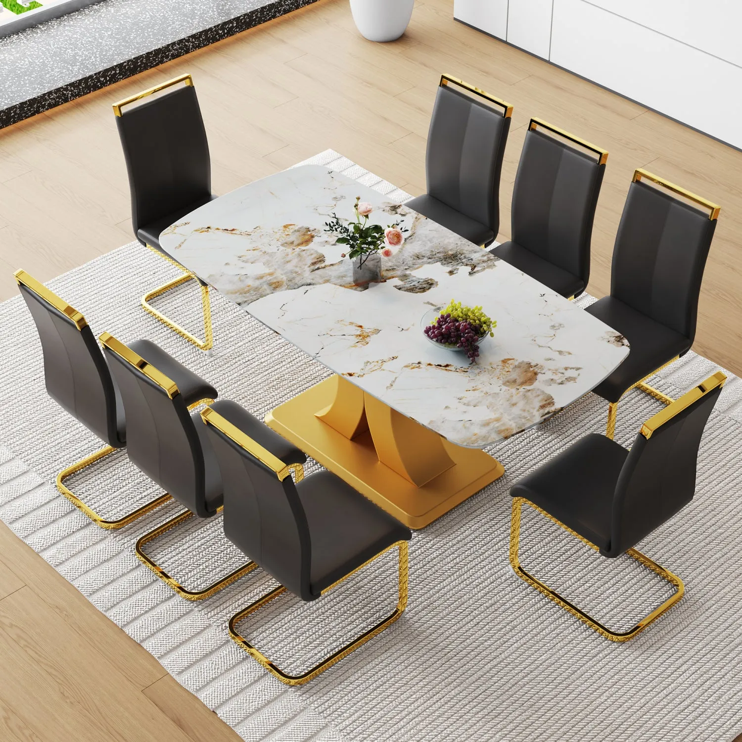 Streamdale 71" Pandora Glass Dining Set w/ 8 Black PU Chairs