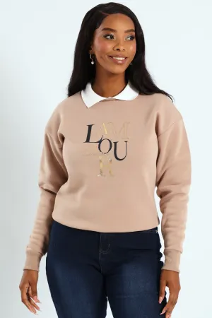 Twofer Active Top With Screen Print - Dark Beige